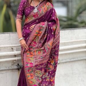 Wine floral design zari silk