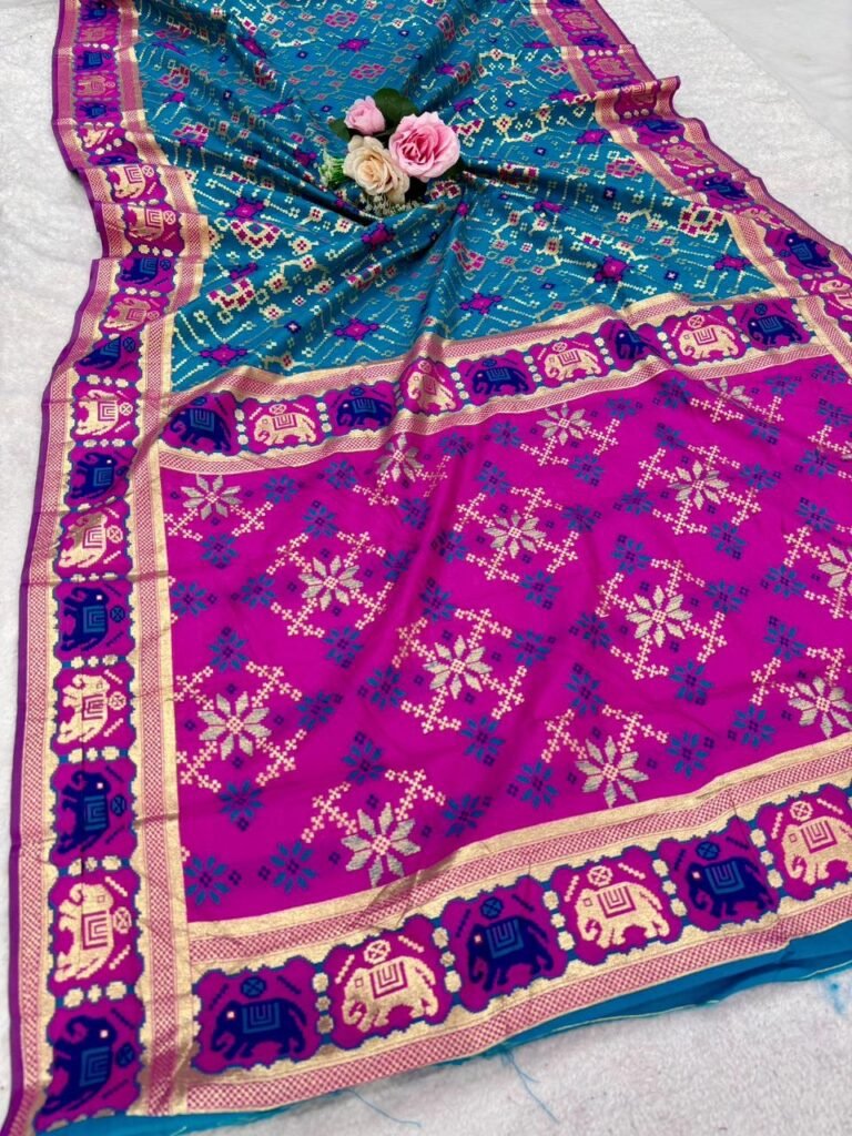 Royal blue and pink color patola silk saree