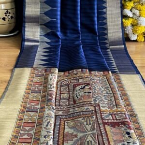 Royal blue traditional madhubani printed soft tussar silk saree