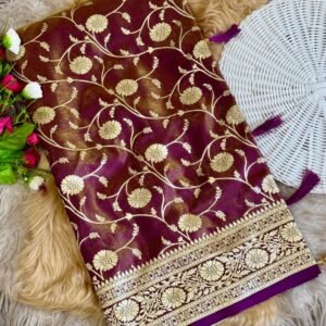 Magenta premium banarasi satin tissue silk saree with zari weaving work