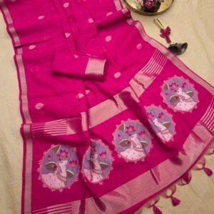 Rani pink color soft linen silk saree with pichwai pallu and zari weaving work
