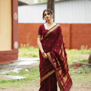 Maroon color soft lichi silk saree with jacquard weaving work