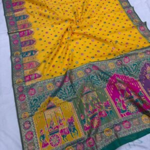 Yellow pashmina silk saree with Barrat weaving pattern and meena weaving border