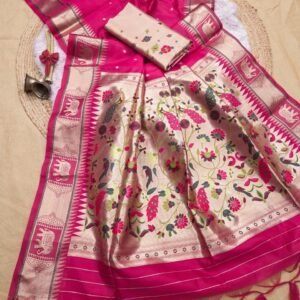 Rani pink color soft paithani silk saree with rich zari woven pallu and zari woven border