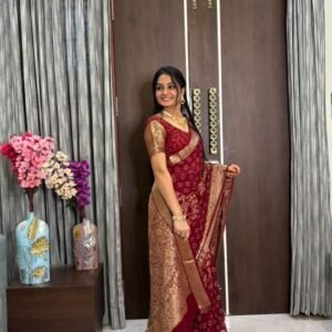 Maroon color soft cotton saree with bandhani printed and golden zari border work