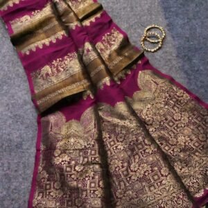 Wine color soft khaddi crepe banarasi silk saree with golden zari weaving work